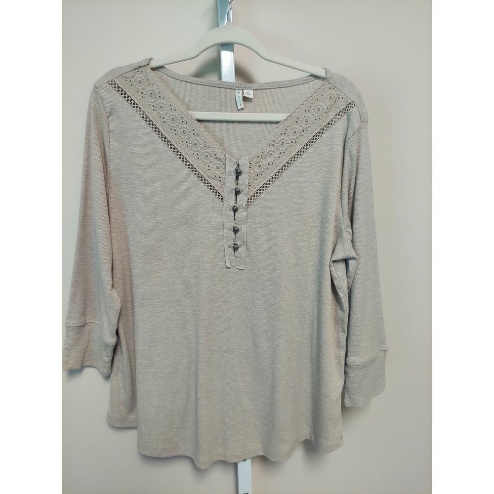 Cato Womens XL Tan Ribbed Knit V-Neck 3/4 Sleeve Henley Top Cottage Boho Rustic